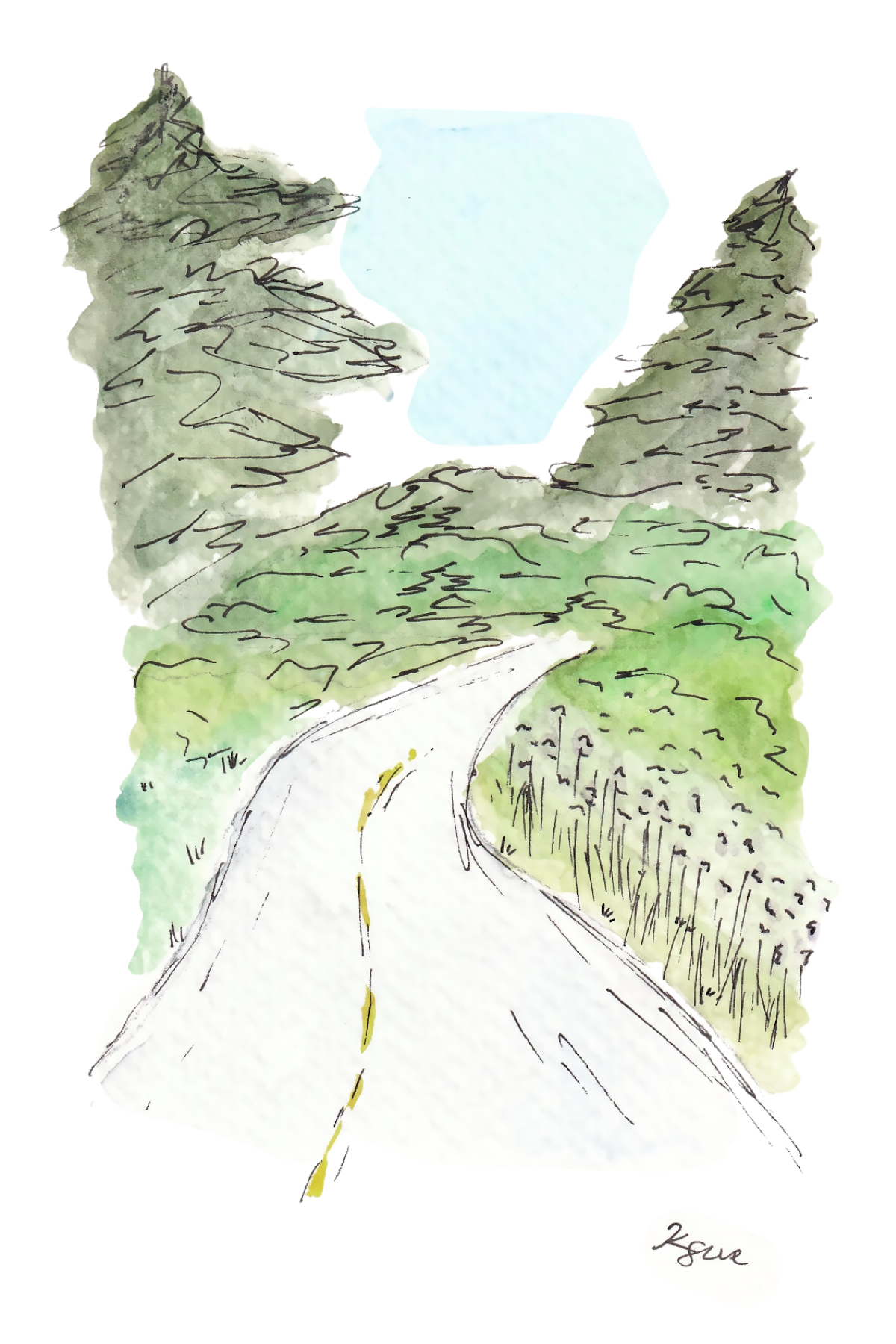Scenic Oregon Highway Watercolor Postcard